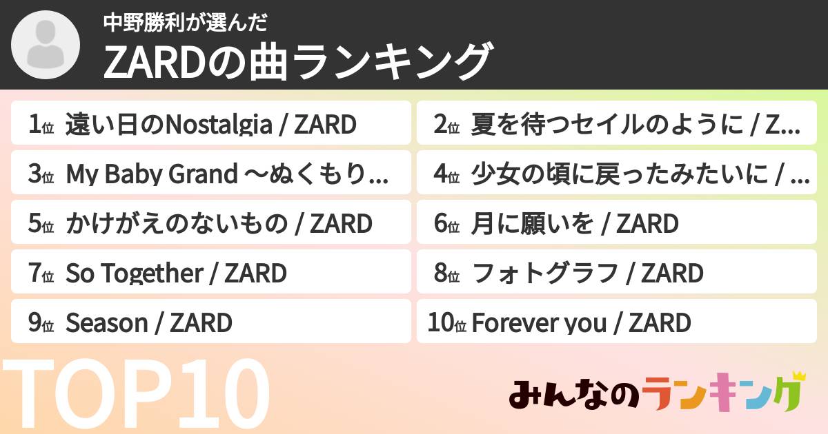 中野勝利さんの「ZARDの曲ランキング」