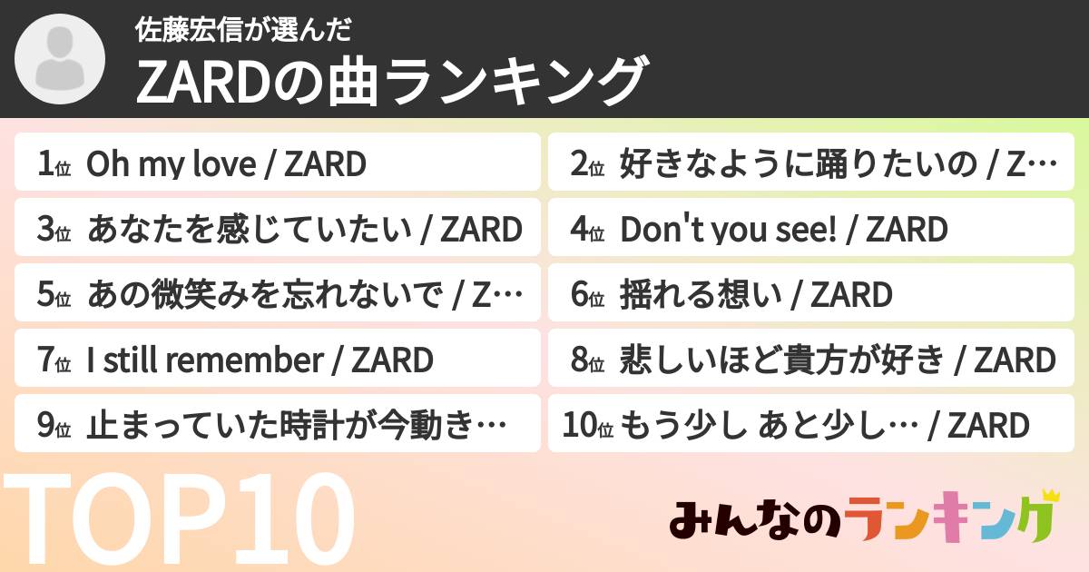 佐藤宏信さんの「ZARDの曲ランキング」