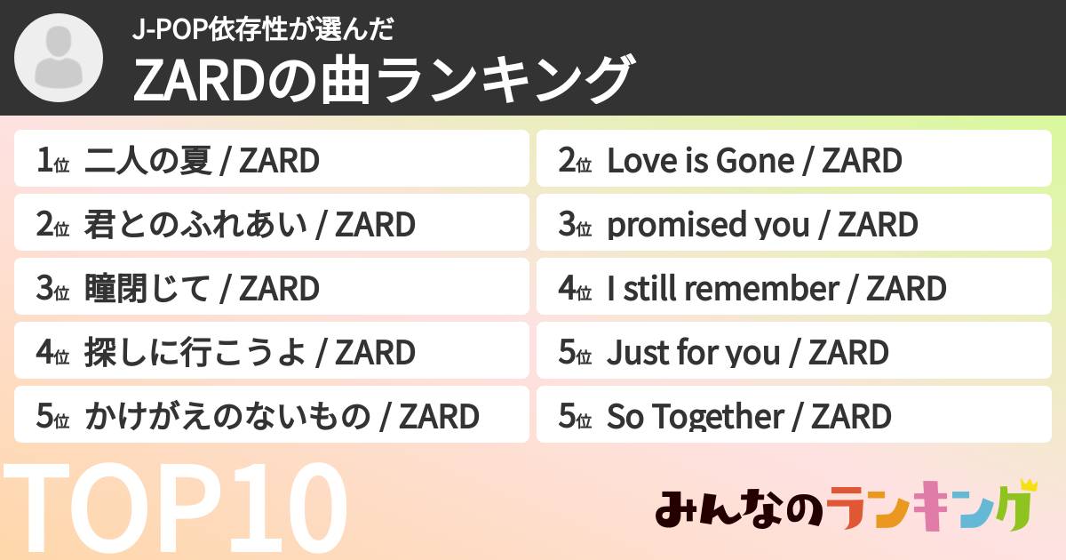 J-POP依存性さんの「ZARDの曲ランキング」