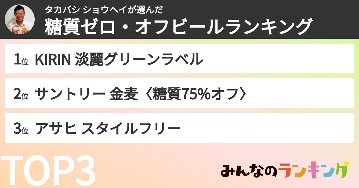 タカバシ ショウヘイさんの「糖質ゼロ・オフビールランキング」