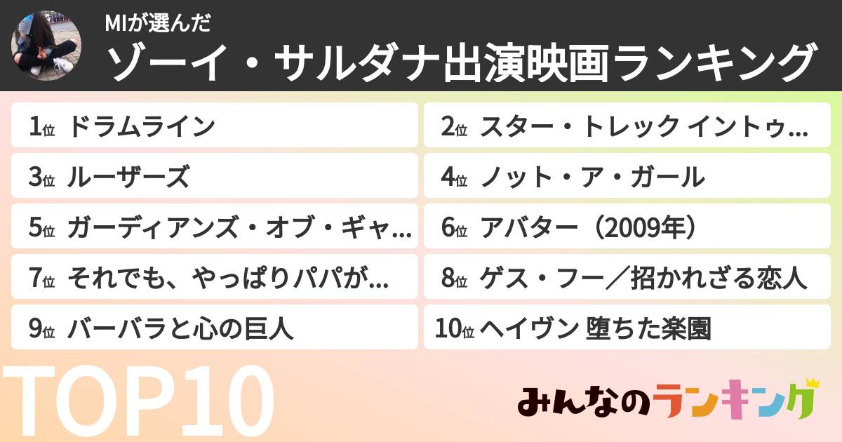 MIさんの「ゾーイ・サルダナ出演映画ランキング」