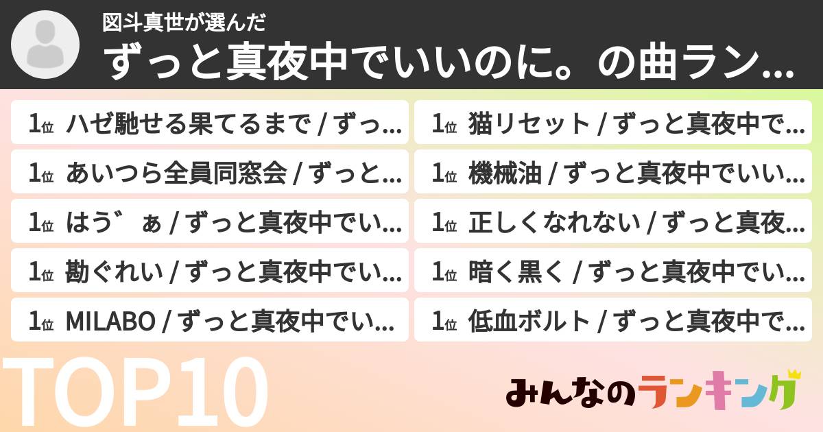 図斗真世さんの「ずっと真夜中でいいのに。の曲ランキング」