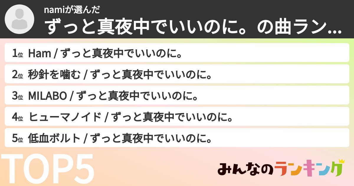 namiさんの「ずっと真夜中でいいのに。の曲ランキング」