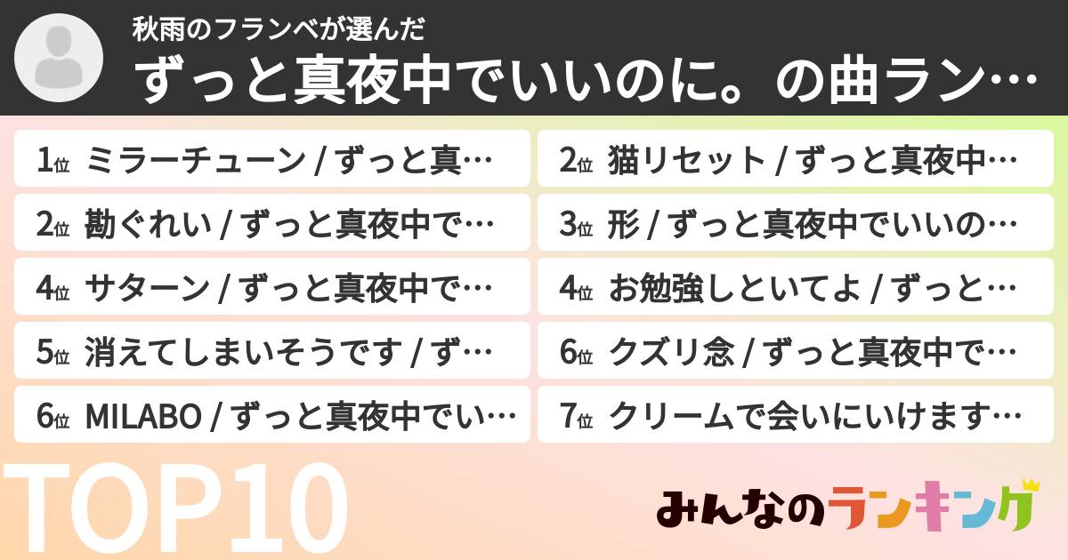 秋雨のフランベさんの「ずっと真夜中でいいのに。の曲ランキング」
