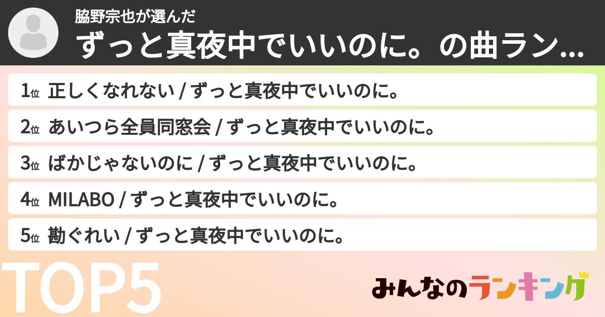 脇野宗也さんの「ずっと真夜中でいいのに。の曲ランキング」