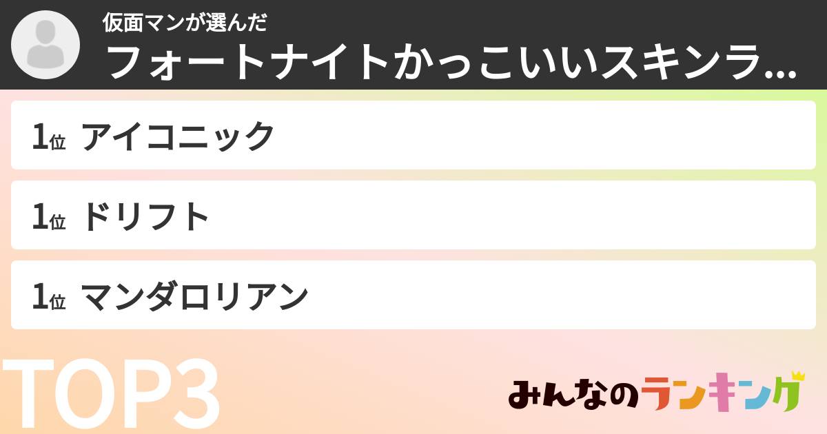 仮面マンさんの「フォートナイトかっこいいスキンランキング」