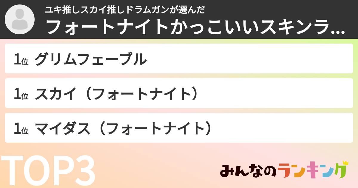 ユキ推しスカイ推しドラムガンさんの「フォートナイトかっこいいスキンランキング」