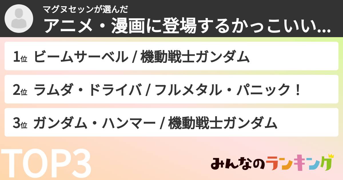マグヌセッンさんの「アニメ・漫画に登場するかっこいい武器ランキング」