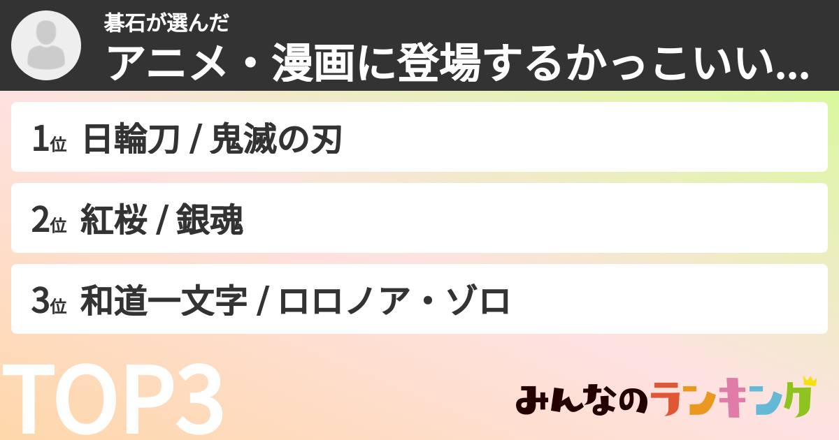 碁石さんの「アニメ・漫画に登場するかっこいい武器ランキング」