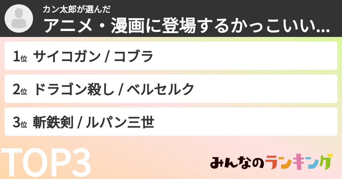 カン太郎さんの「アニメ・漫画に登場するかっこいい武器ランキング」