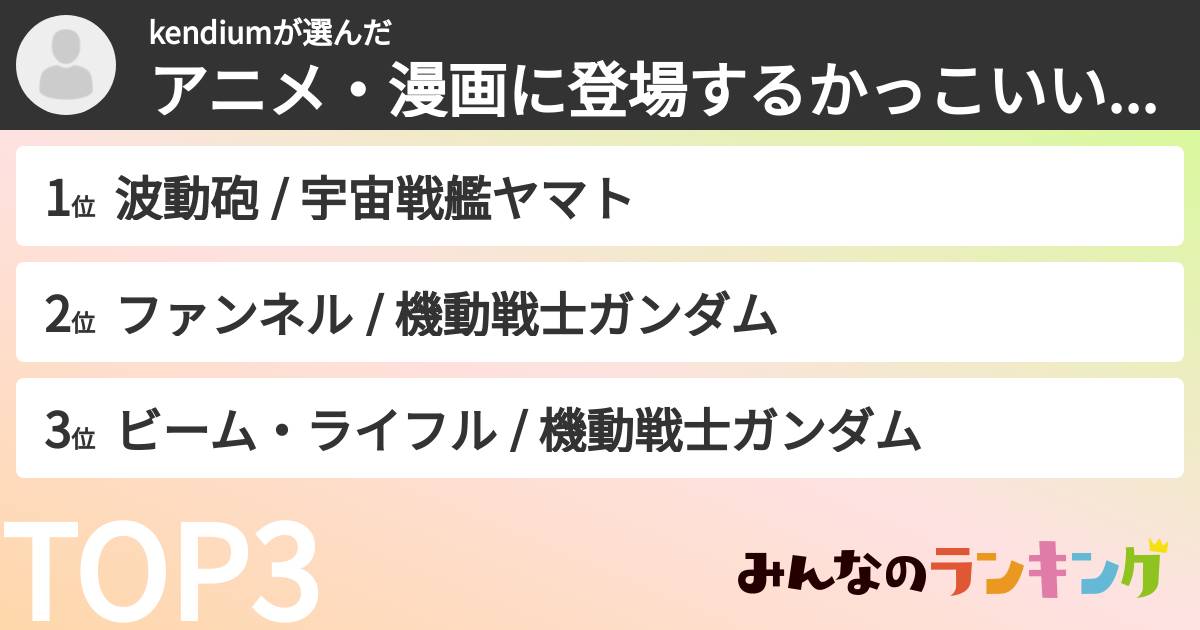 kendiumさんの「アニメ・漫画に登場するかっこいい武器ランキング」