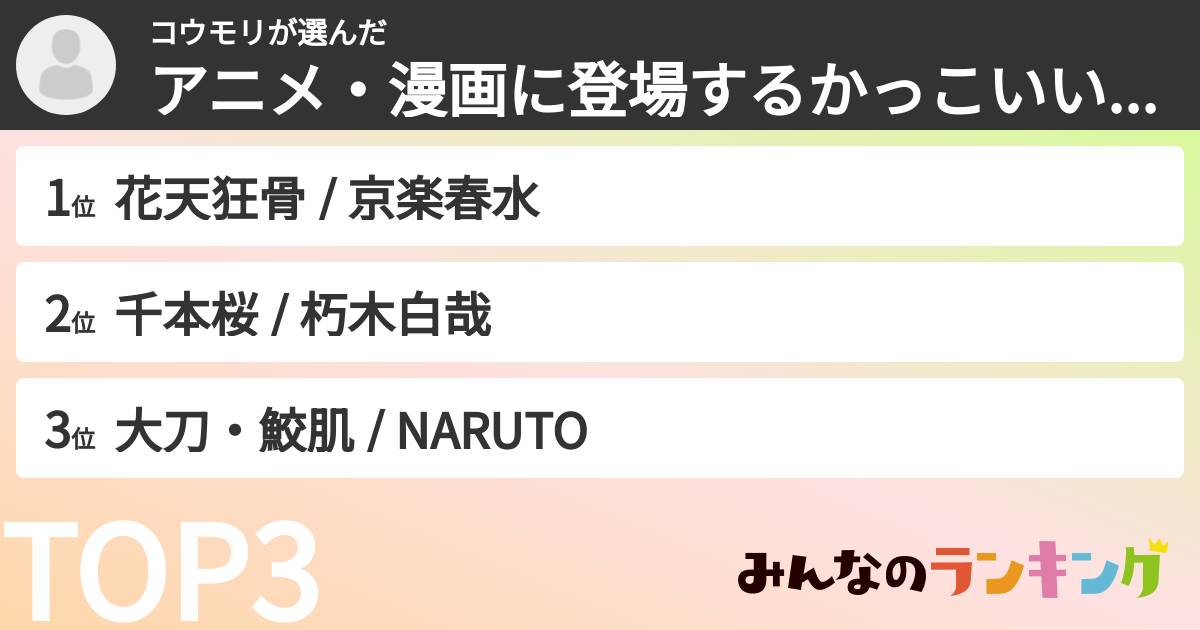 コウモリさんの「アニメ・漫画に登場するかっこいい武器ランキング」