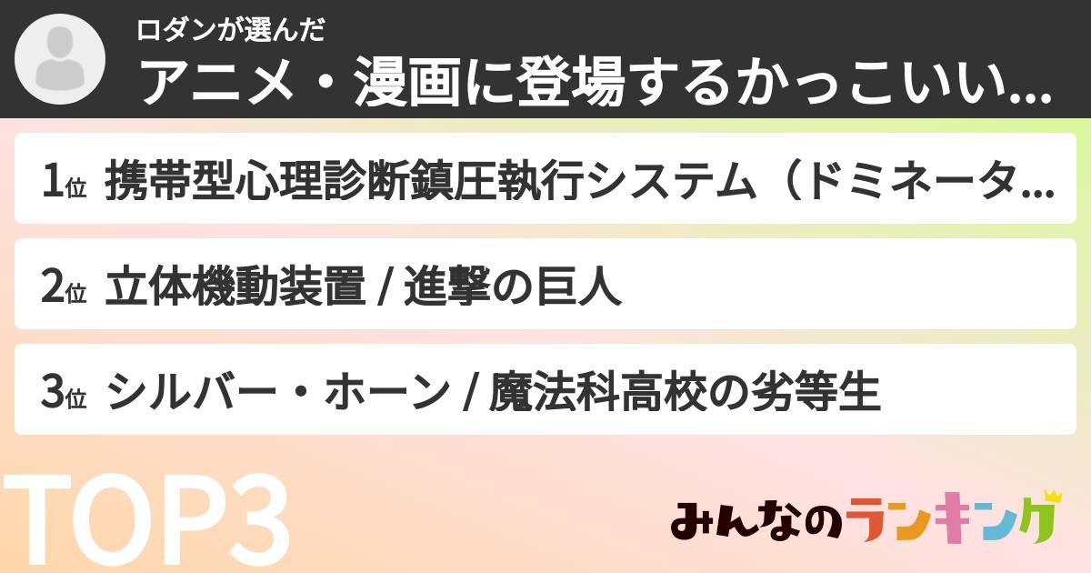 ロダンさんの「アニメ・漫画に登場するかっこいい武器ランキング」