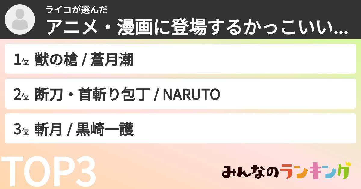 ライコさんの「アニメ・漫画に登場するかっこいい武器ランキング」