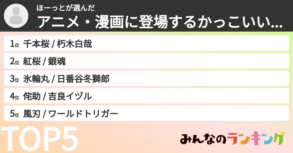 ほーっとさんの「アニメ・漫画に登場するかっこいい武器ランキング」