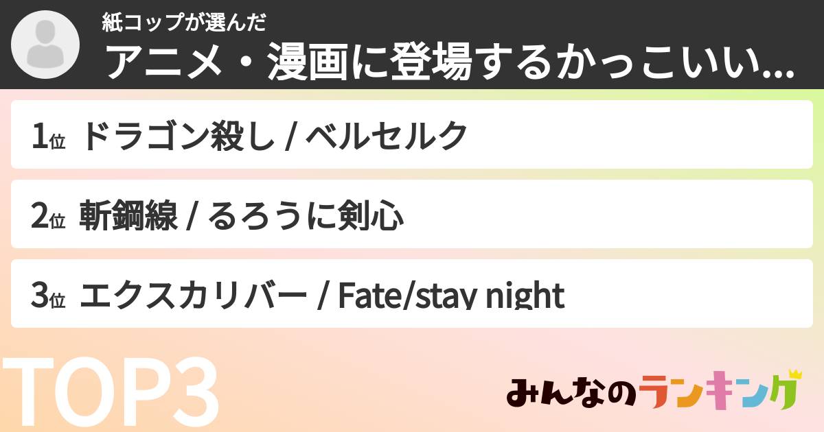紙コップさんの「アニメ・漫画に登場するかっこいい武器ランキング」