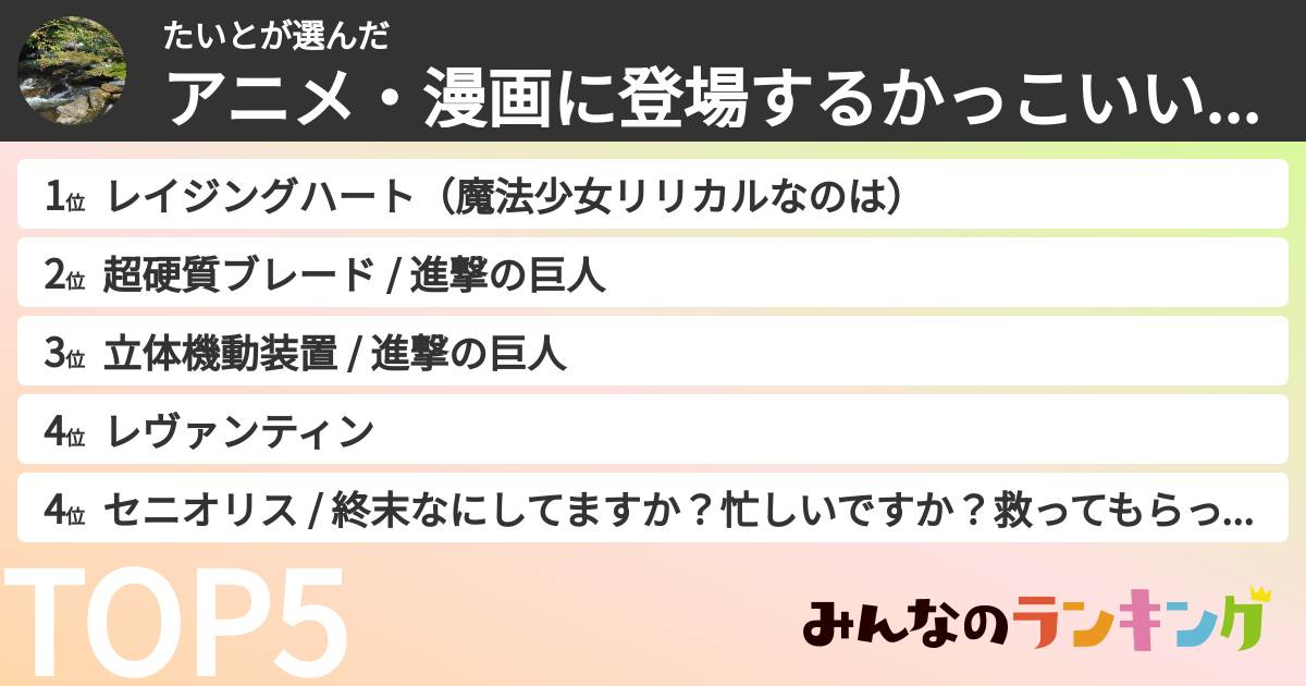 たいとさんの「アニメ・漫画に登場するかっこいい武器ランキング」