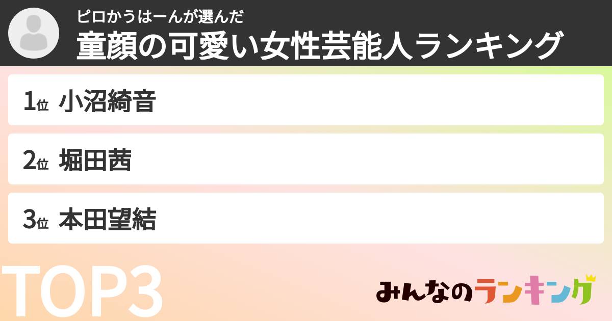 ピロかうはーんさんの「童顔の可愛い女性芸能人ランキング」