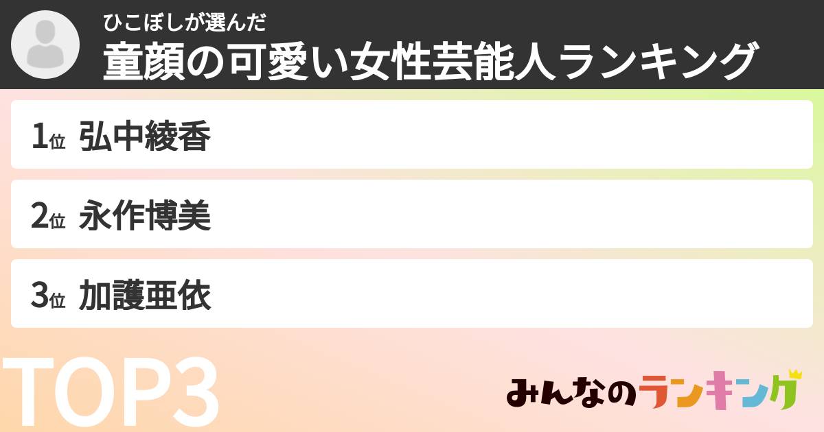 ひこぼしさんの「童顔の可愛い女性芸能人ランキング」