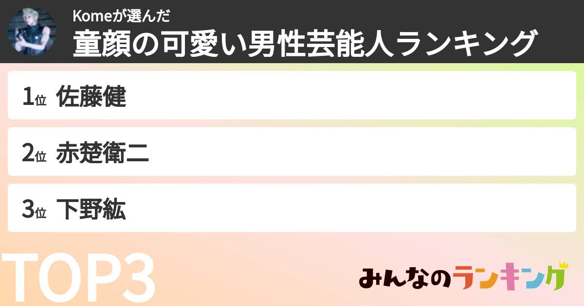 Komeさんの「童顔の可愛い男性芸能人ランキング」