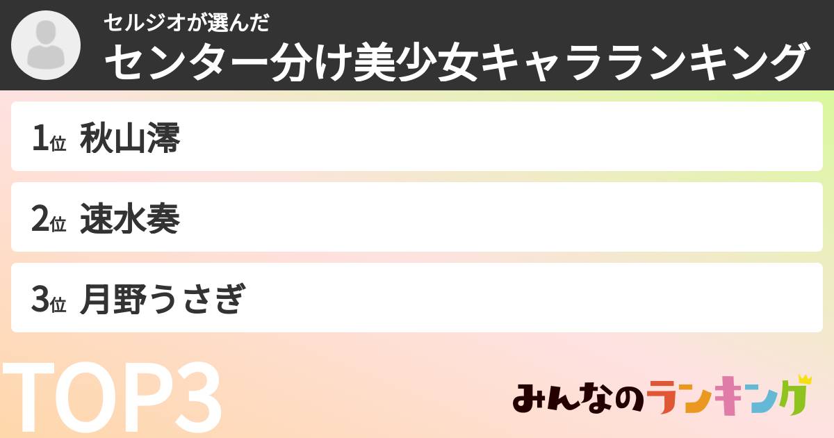 セルジオさんの「センター分け美少女キャラランキング」