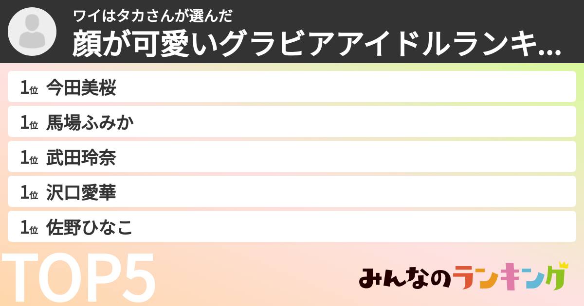 ワイはタカさんさんの「顔が可愛いグラビアアイドルランキング」