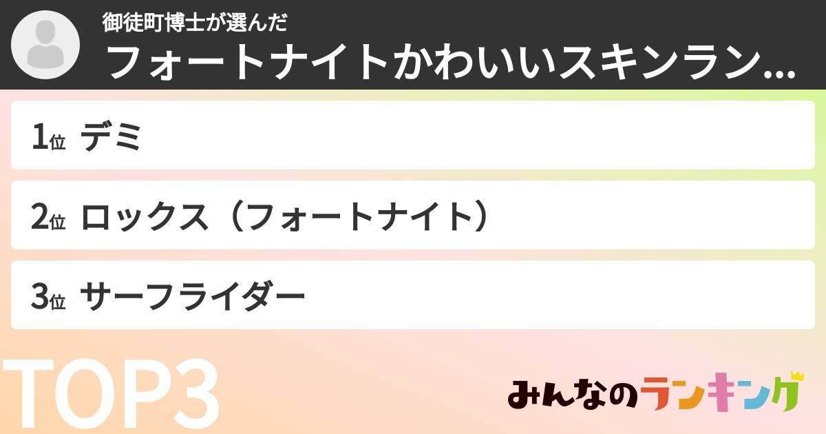 御徒町博士さんの「フォートナイトかわいいスキンランキング」