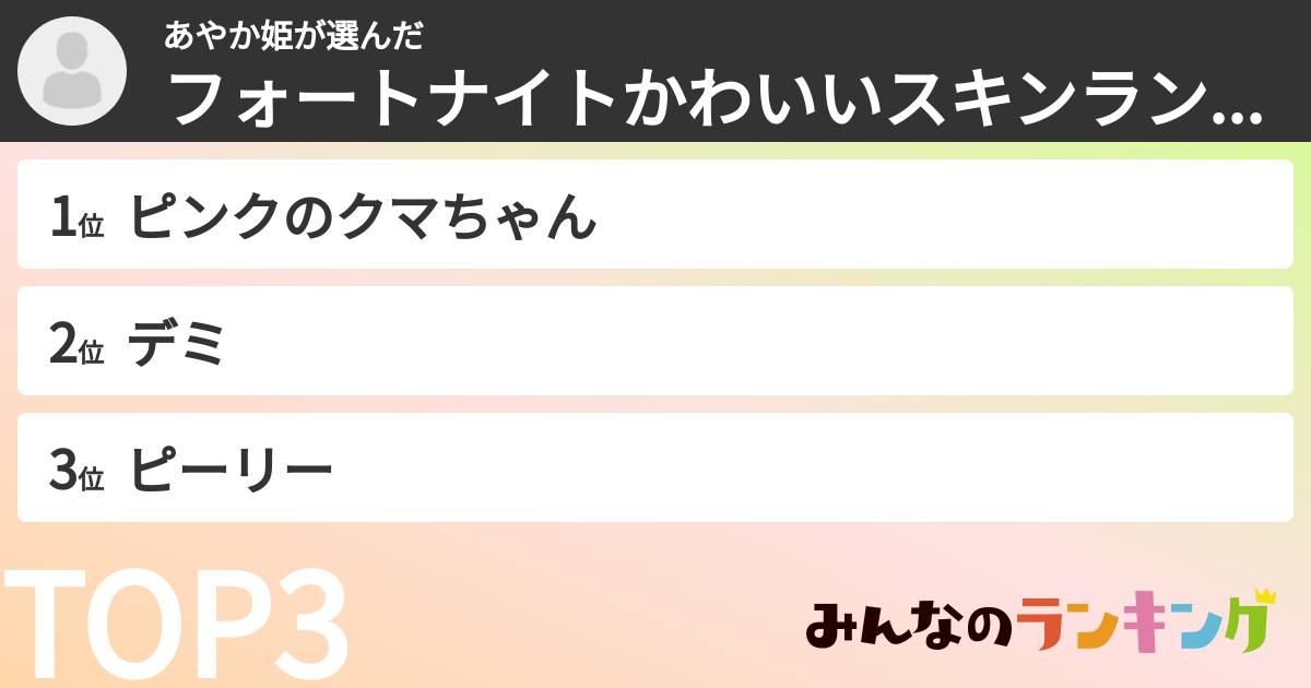 あやか姫さんの「フォートナイトかわいいスキンランキング」