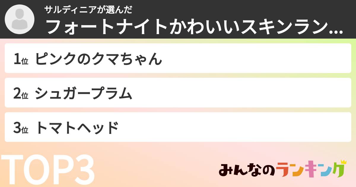 サルディニアさんの「フォートナイトかわいいスキンランキング」