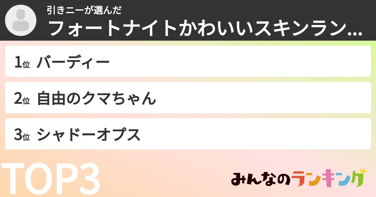 引きニーさんの「フォートナイトかわいいスキンランキング」