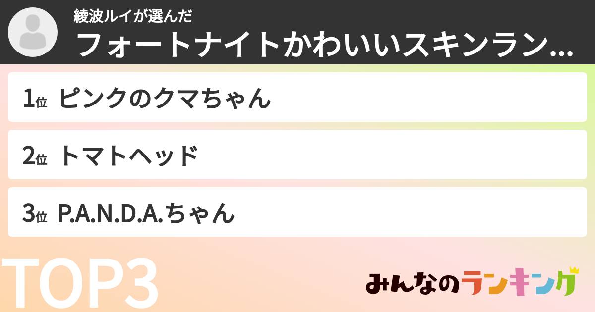 綾波ルイさんの「フォートナイトかわいいスキンランキング」