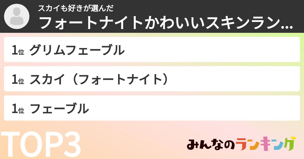 スカイも好きさんの「フォートナイトかわいいスキンランキング」