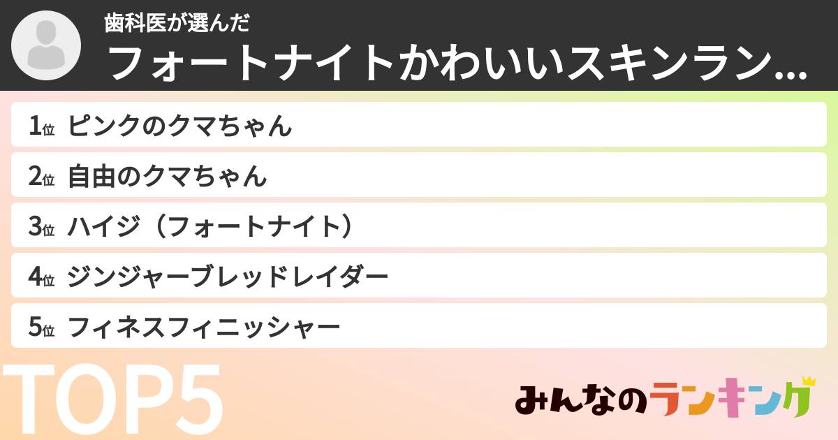 歯科医さんの「フォートナイトかわいいスキンランキング」