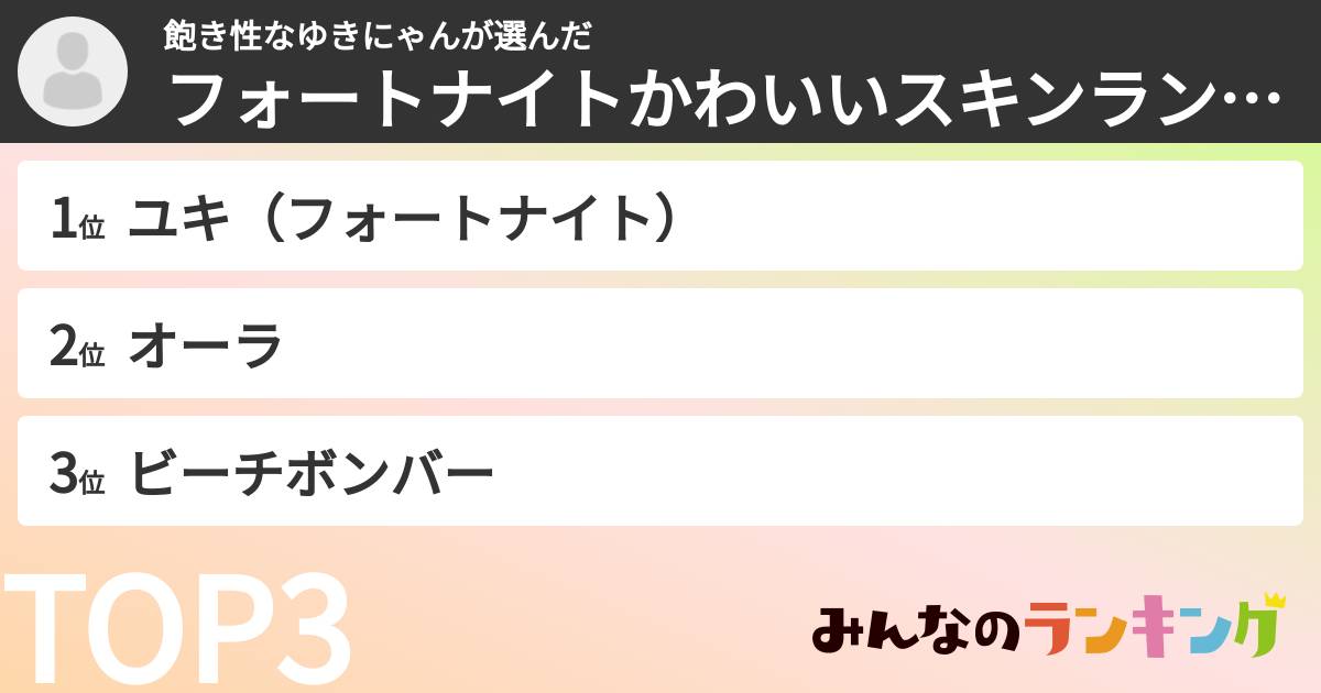 飽き性なゆきにゃんさんの「フォートナイトかわいいスキンランキング」