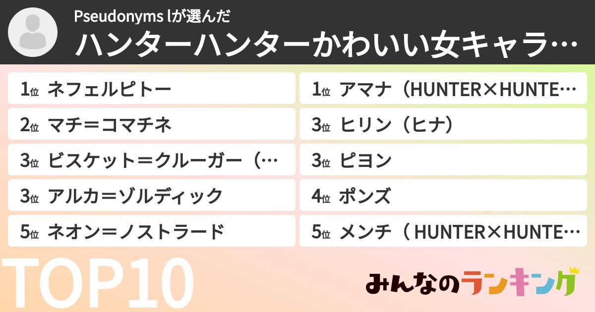 Pseudonyms lさんの「ハンターハンターかわいい女キャラランキング」
