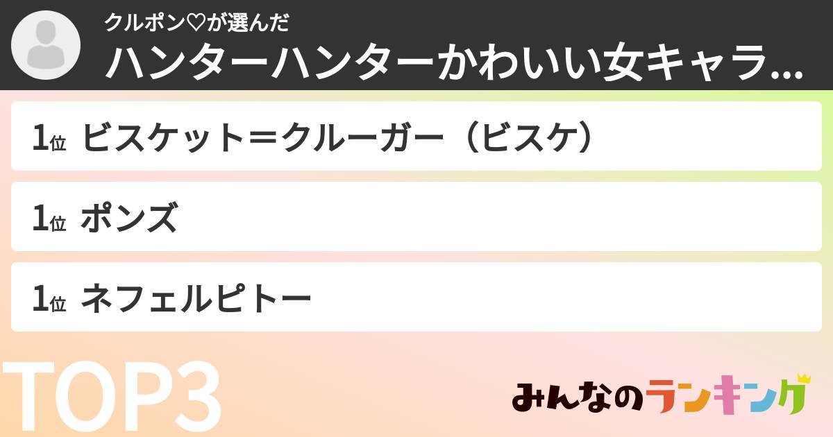 クルポン♡さんの「ハンターハンターかわいい女キャラランキング」