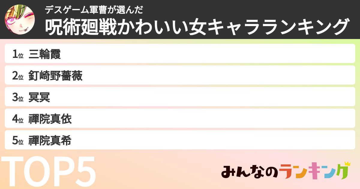 デスゲーム軍曹さんの「呪術廻戦かわいい女キャラランキング」