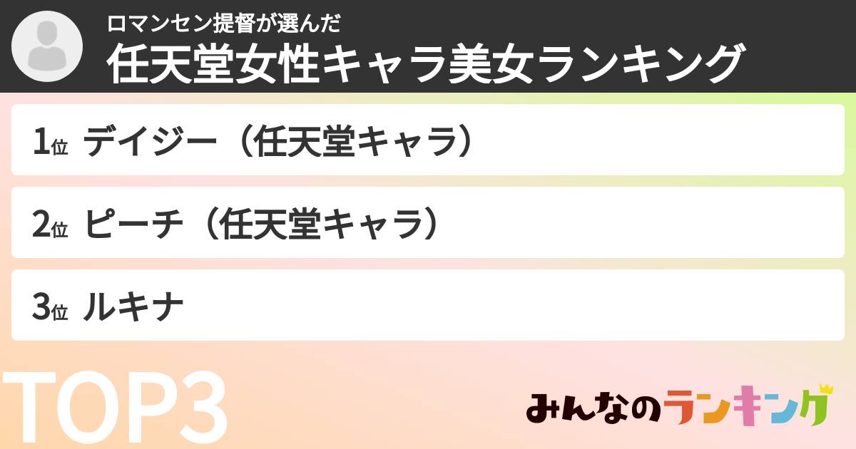ロマンセン提督さんの「任天堂女性キャラ美女ランキング」