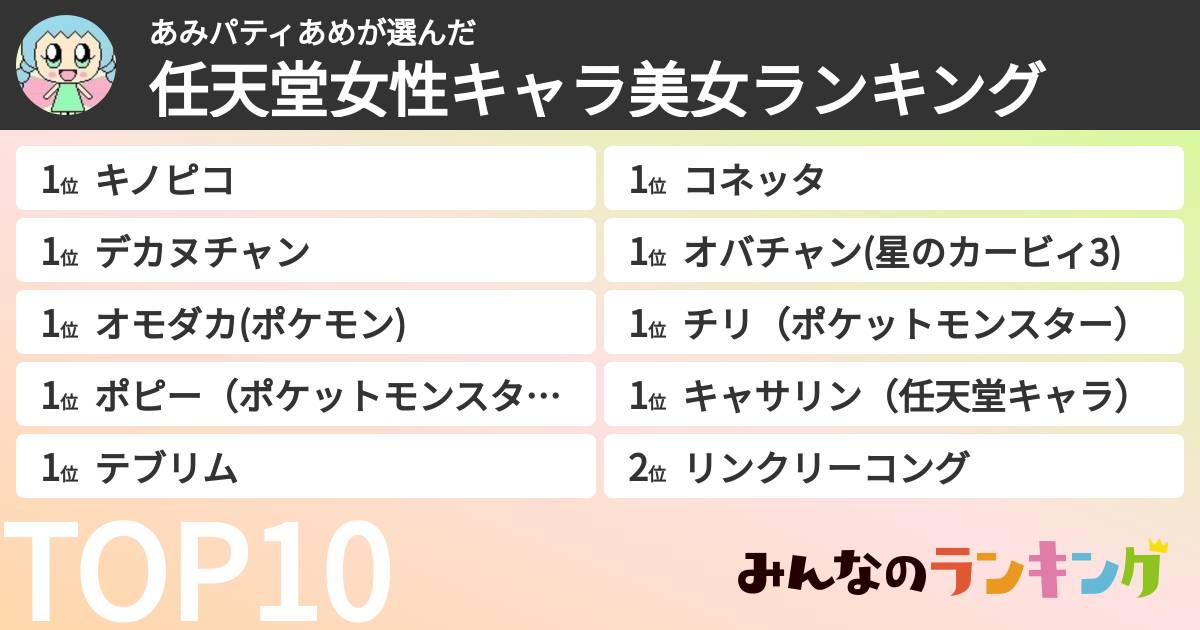 あみパティあめさんの「任天堂女性キャラ美女ランキング」
