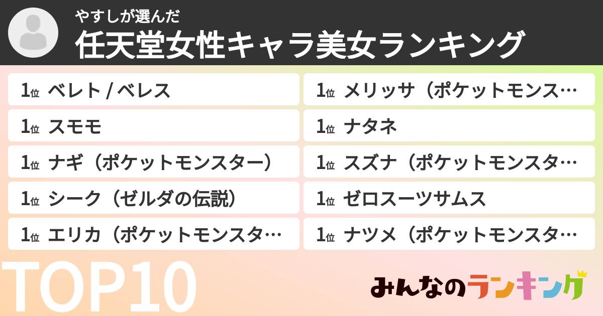やすしさんの「任天堂女性キャラ美女ランキング」