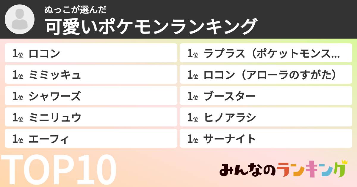 ぬっこさんの「可愛いポケモンランキング」