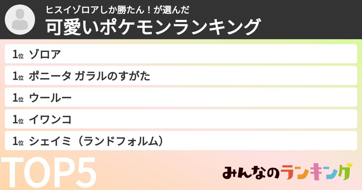 ヒスイゾロアしか勝たん！さんの「可愛いポケモンランキング」