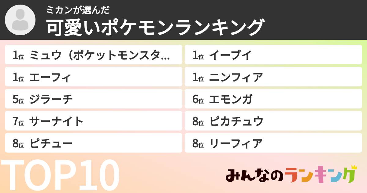 ミカンさんの「可愛いポケモンランキング」