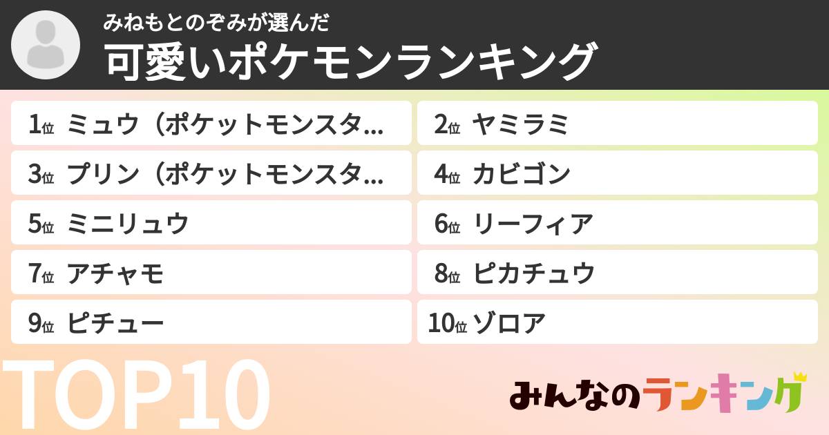 みねもとのぞみさんの「可愛いポケモンランキング」