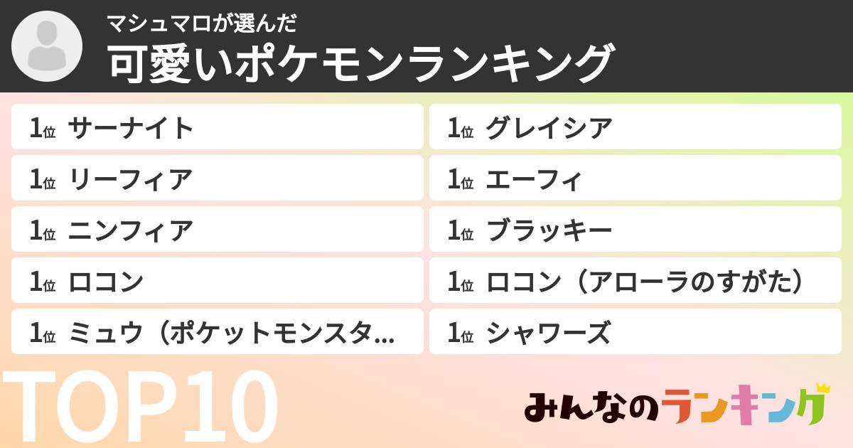 マシュマロさんの「可愛いポケモンランキング」