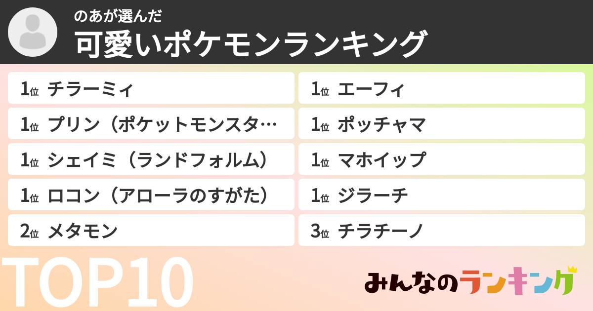 のあさんの「可愛いポケモンランキング」