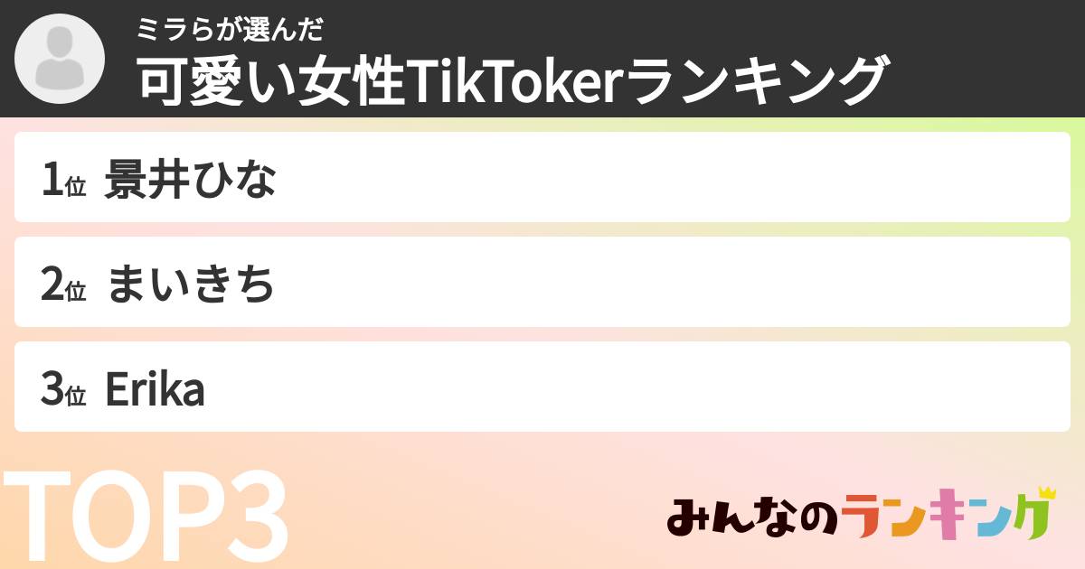 ミラらさんの「可愛い女性TikTokerランキング」