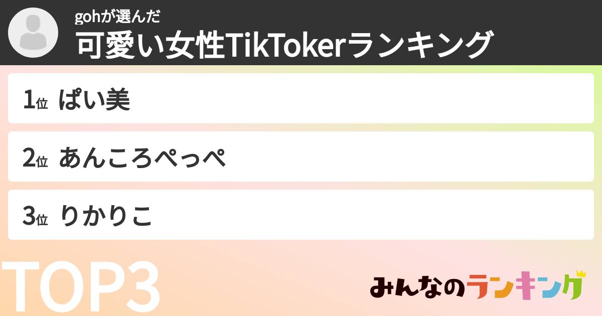 gohさんの「可愛い女性TikTokerランキング」