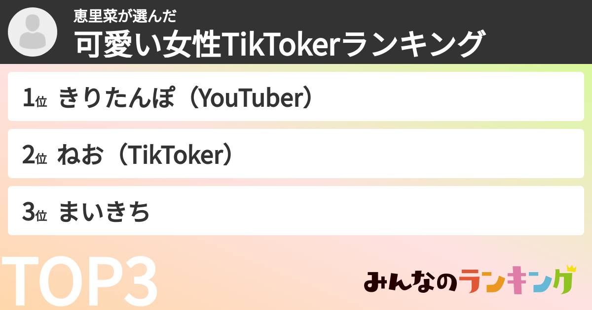 恵里菜さんの「可愛い女性TikTokerランキング」