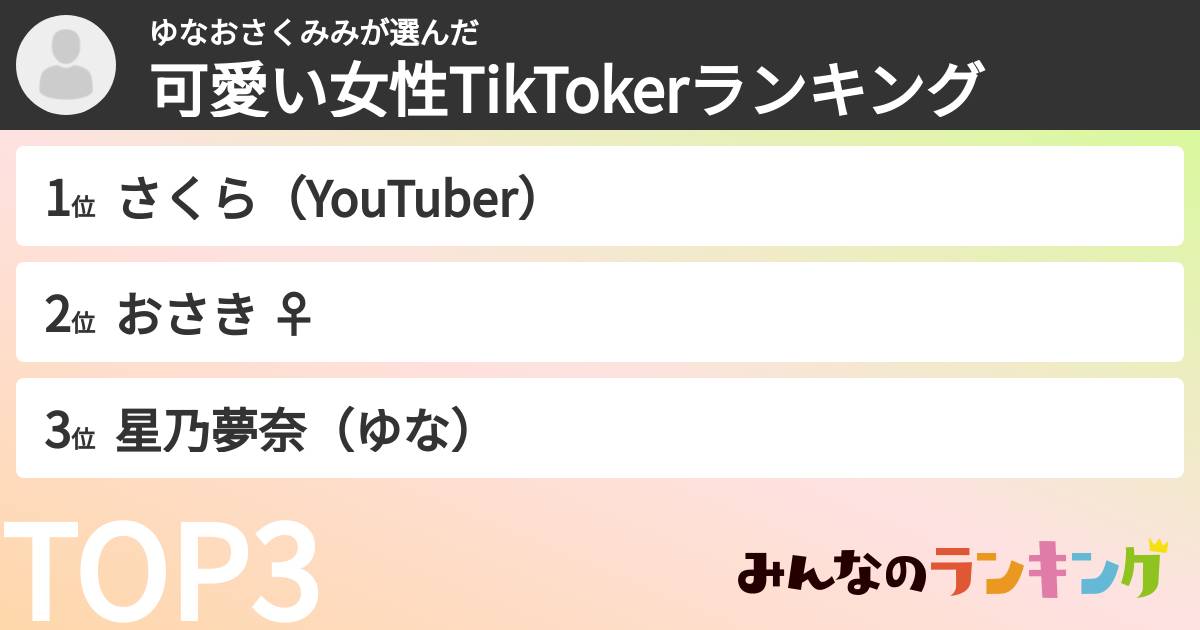 ゆなおさくみみさんの「可愛い女性TikTokerランキング」